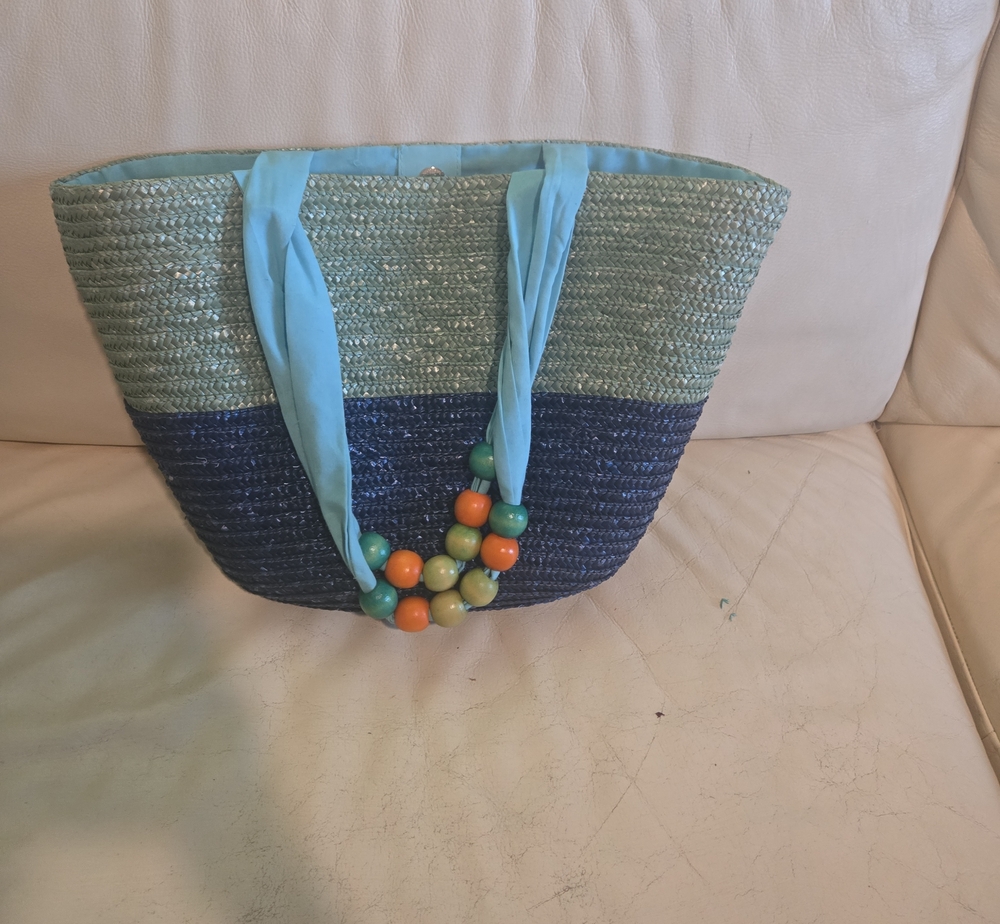 Striped Blue & Mint Straw Tote with Bead Accent